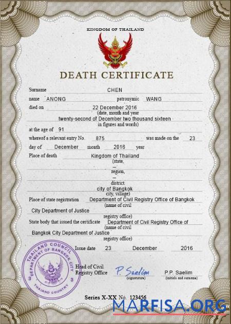 Realistic Thailand death certificate PSD template